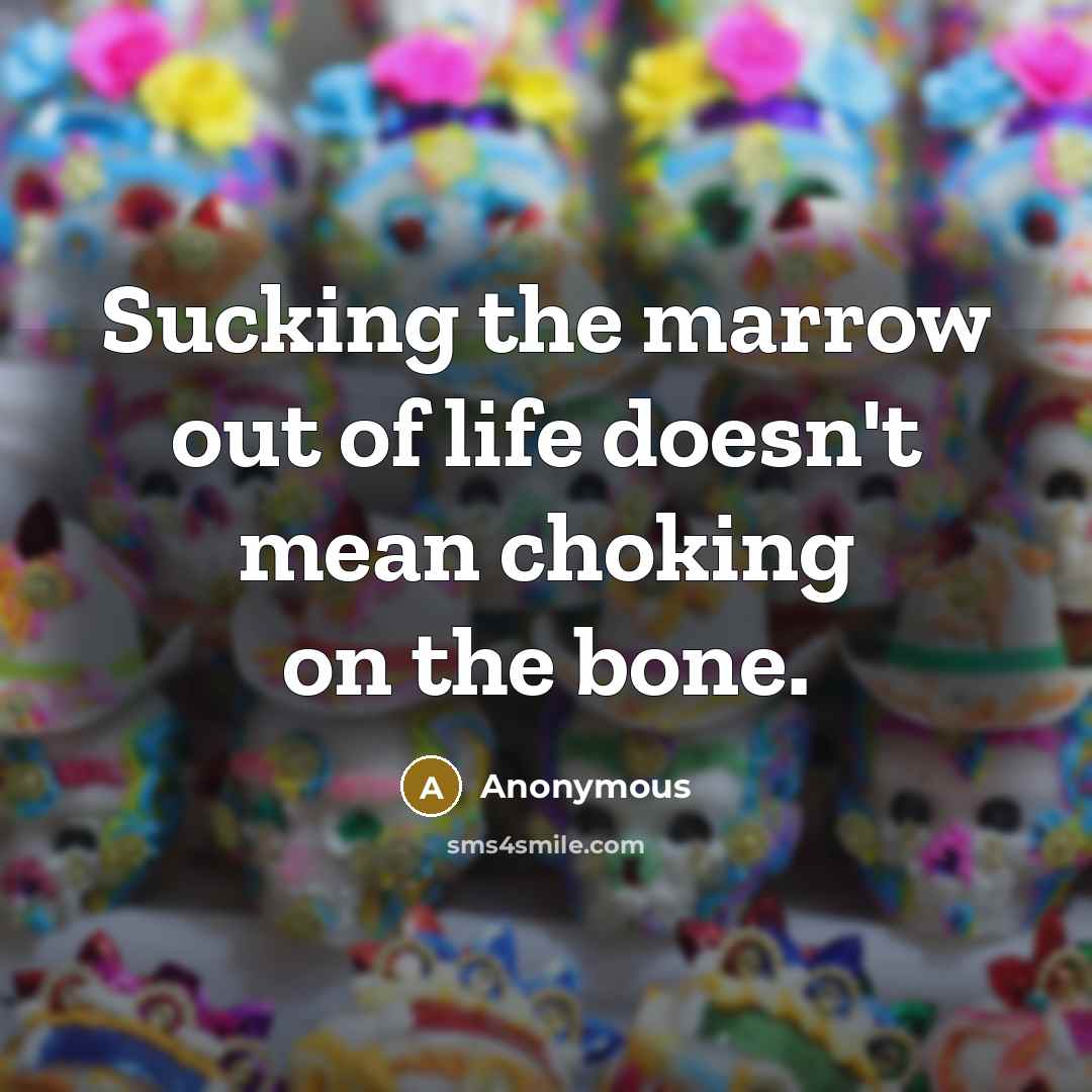 “Sucking the marrow out of life doesn't mean choking on the bone.” quote by Anonymous