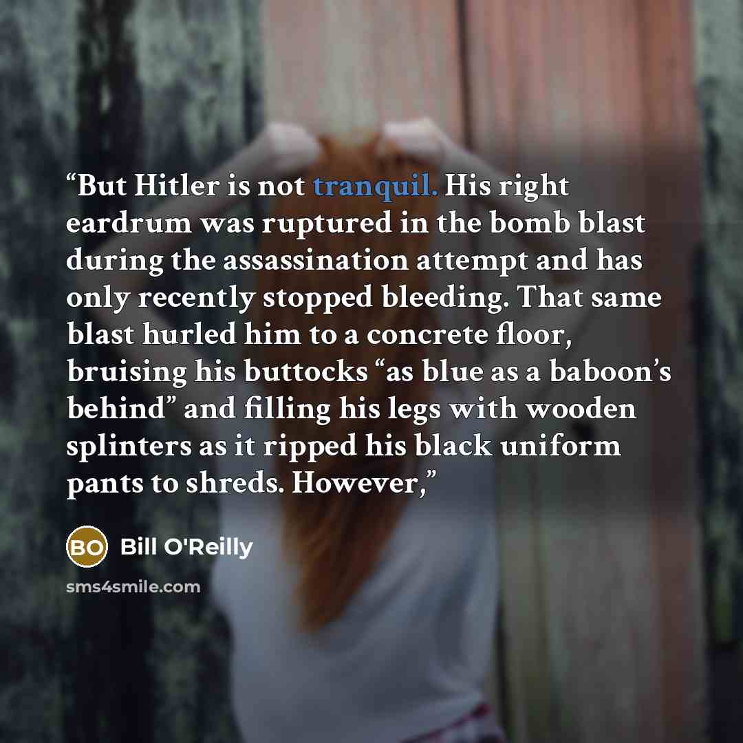 “But Hitler is not tranquil. His right eardrum was ruptured in the bomb blast during the assassination attempt and has only recently stopped bleeding. That same blast hurled him to a concrete floor, bruising his buttocks “as blue as a baboon’s behind” and filling his legs with wooden splinters as…” quote by Bill O'Reilly
