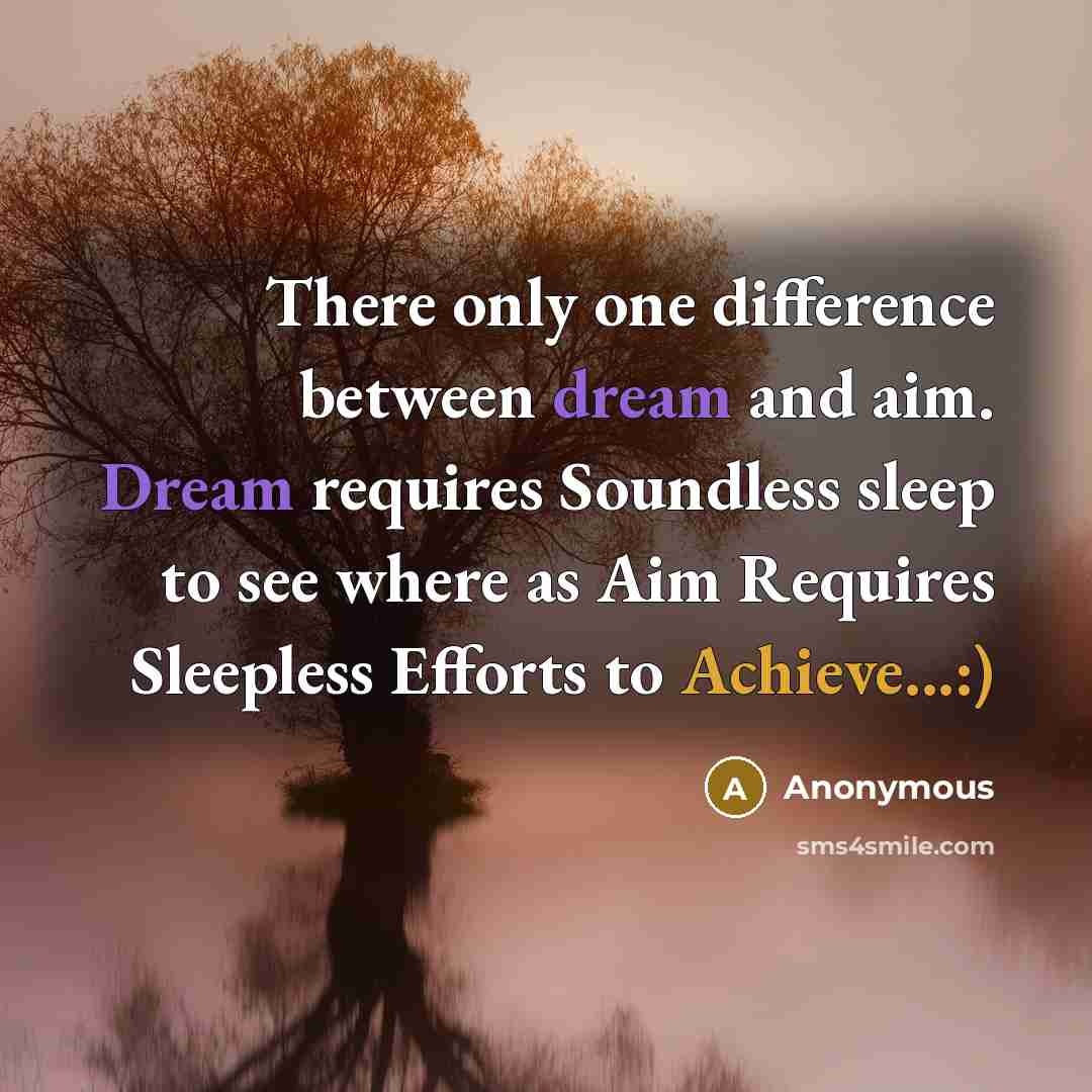 “There only one difference between dream and aim. Dream requires Soundless sleep to see where as Aim Requires Sleepless Efforts to Achieve...:)” quote by Anonymous