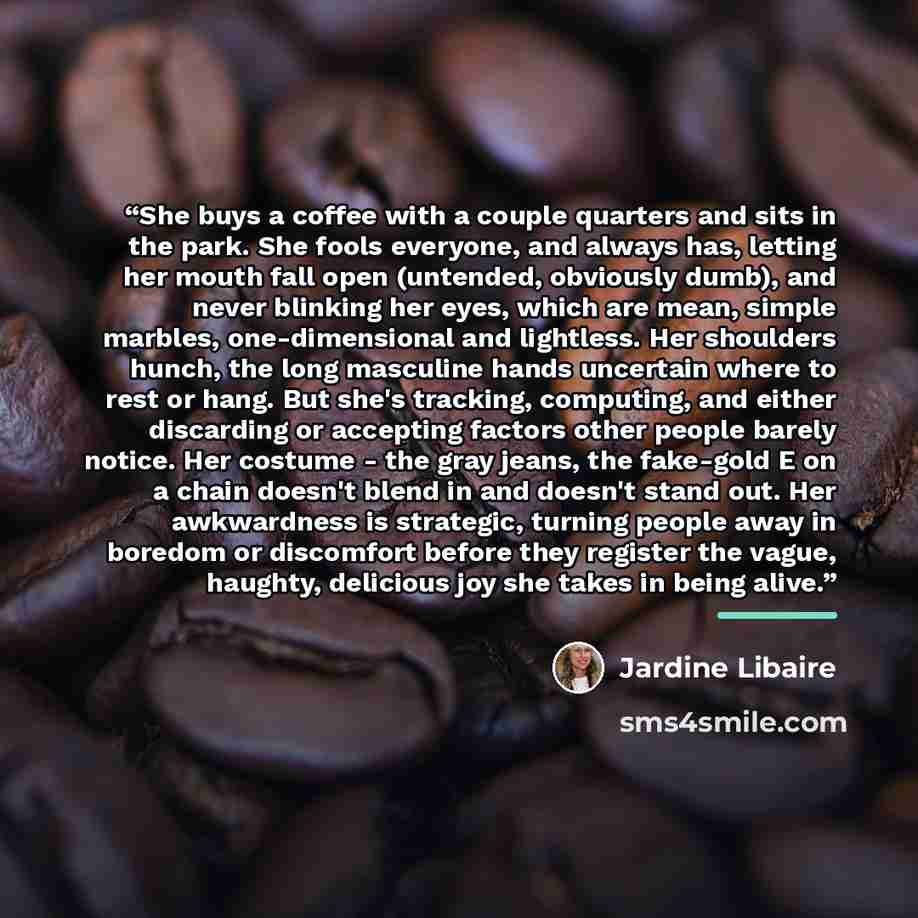 “She buys a coffee with a couple quarters and sits in the park. She fools everyone, and always has, letting her mouth fall open (untended, obviously dumb), and never blinking her eyes, which are mean, simple marbles, one-dimensional and lightless. Her shoulders hunch, the long masculine hands…” quote by Jardine Libaire