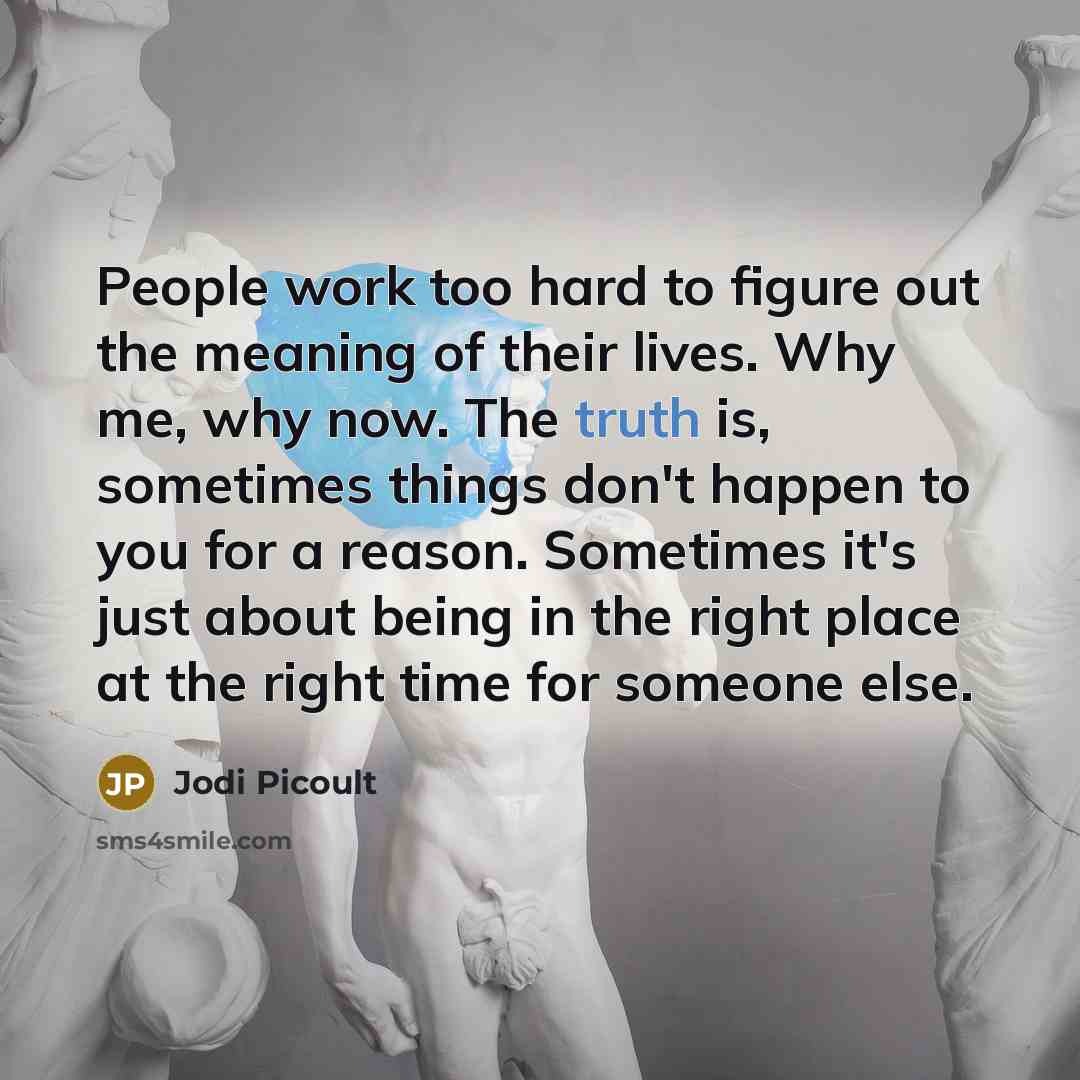 “People work too hard to figure out the meaning of their lives. Why me, why now. The truth is, sometimes things don't happen to you for a reason. Sometimes it's just about being in the right place at the right time for someone else.” quote by Jodi Picoult