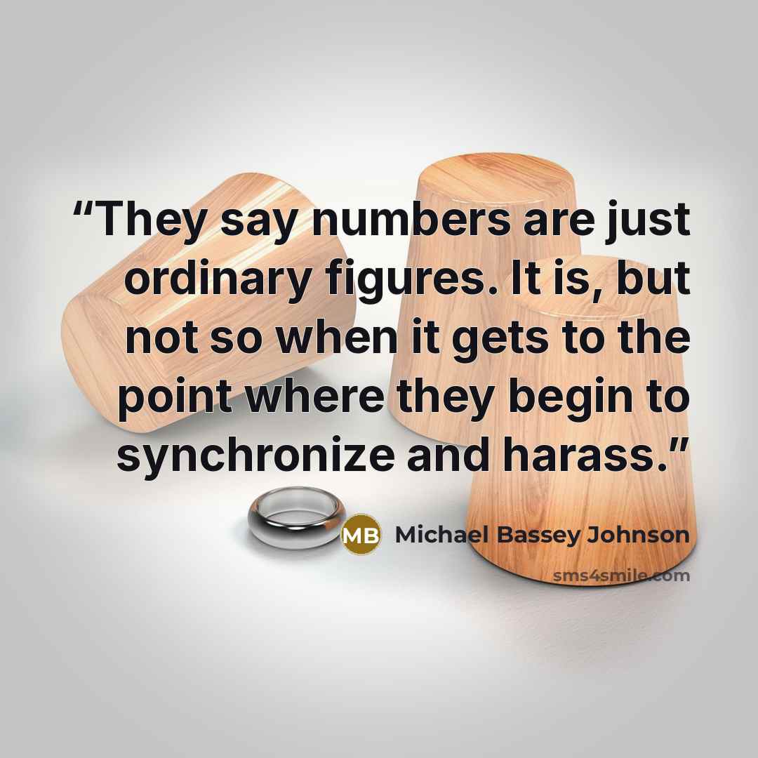“They say numbers are just ordinary figures. It is, but not so when it gets to the point where they begin to synchronize and harass.” quote by Michael Bassey Johnson