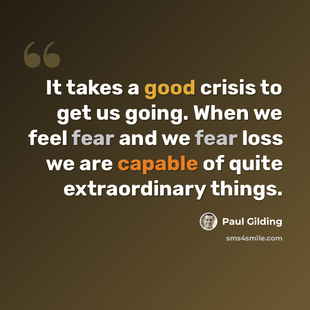 “It takes a good crisis to get us going. When we feel fear and we fear loss we are capable of quite extraordinary things.” quote by Paul Gilding