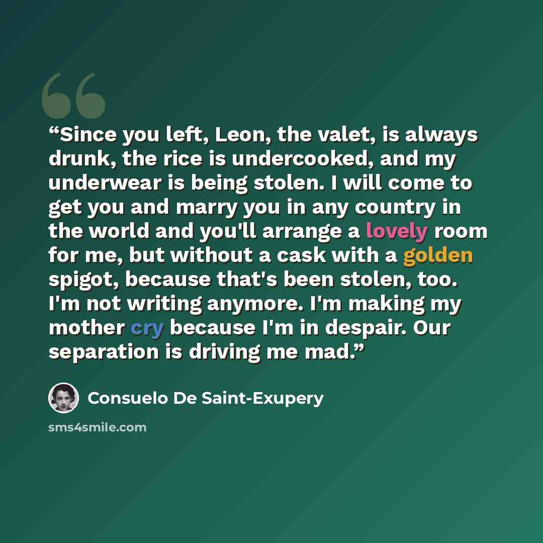 “Since you left, Leon, the valet, is always drunk, the rice is undercooked, and my underwear is being stolen. I will come to get you and marry you in any country in the world and you'll arrange a lovely room for me, but without a cask with a golden spigot, because that's been stolen, too. I'm not…” quote by Consuelo De Saint-Exupery