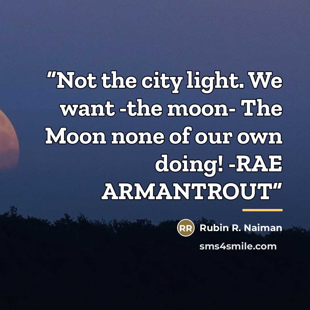 “Not the city light. We want -the moon- The Moon none of our own doing! -RAE ARMANTROUT” quote by Rubin R. Naiman