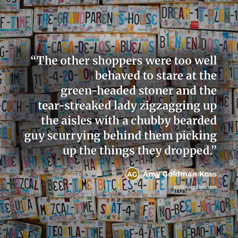 “The other shoppers were too well behaved to stare at the green-headed stoner and the tear-streaked lady zigzagging up the aisles with a chubby bearded guy scurrying behind them picking up the things they dropped.” quote by Amy Goldman Koss