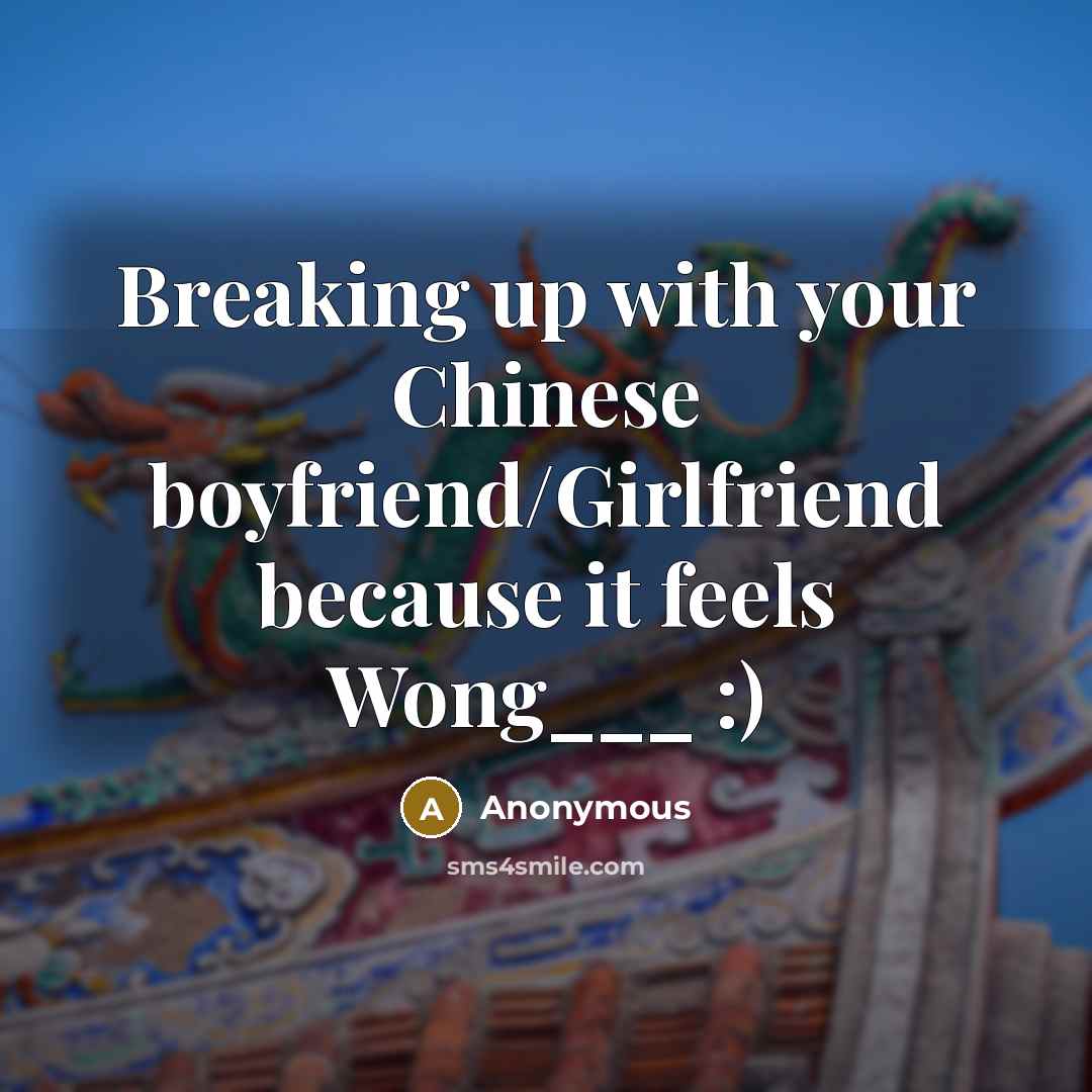 “Breaking up with your Chinese boyfriend/Girlfriend because it feels Wong___ :)” quote by Anonymous