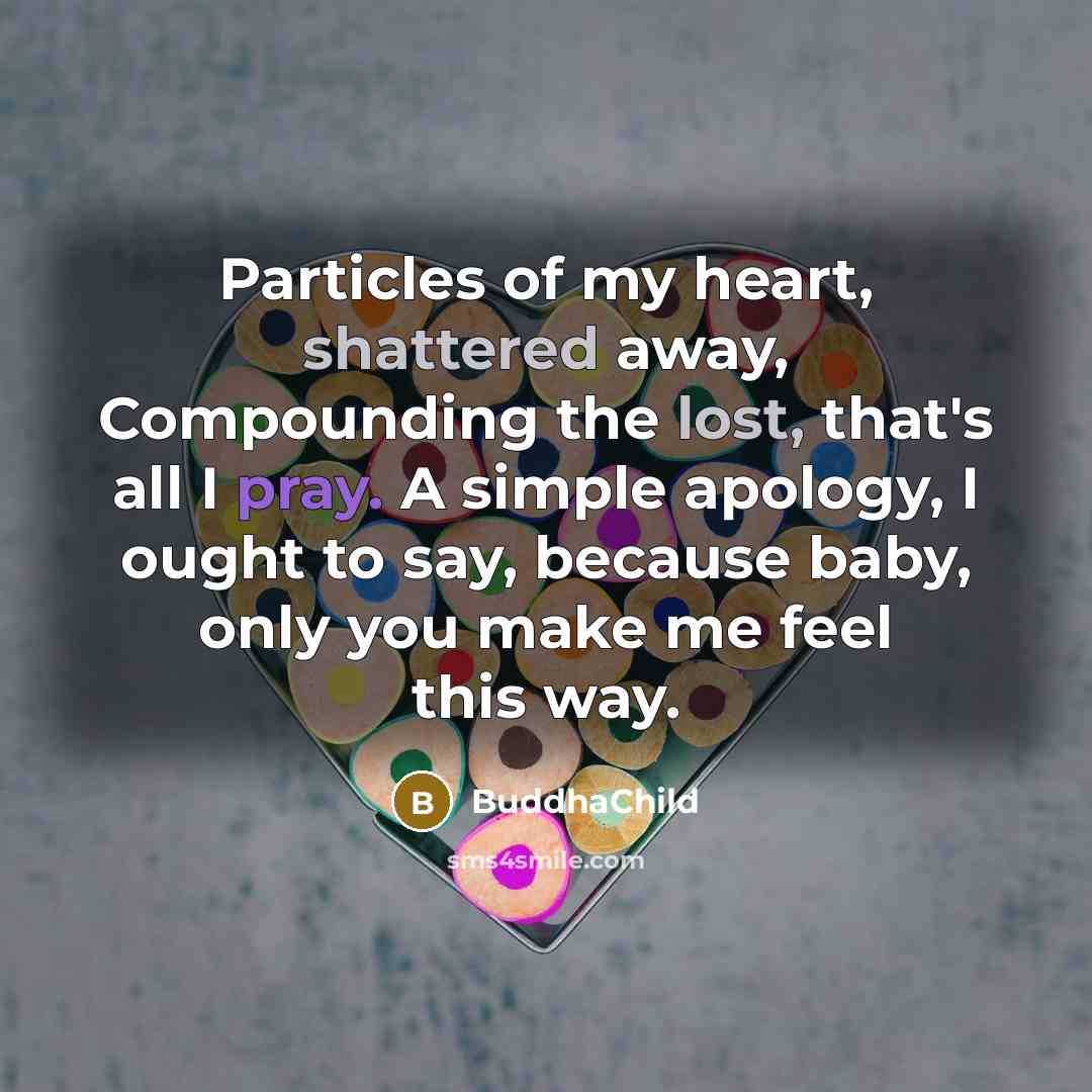 “Particles of my heart, shattered away, Compounding the lost, that's all I pray. A simple apology, I ought to say, because baby, only you make me feel this way.” quote by BuddhaChild