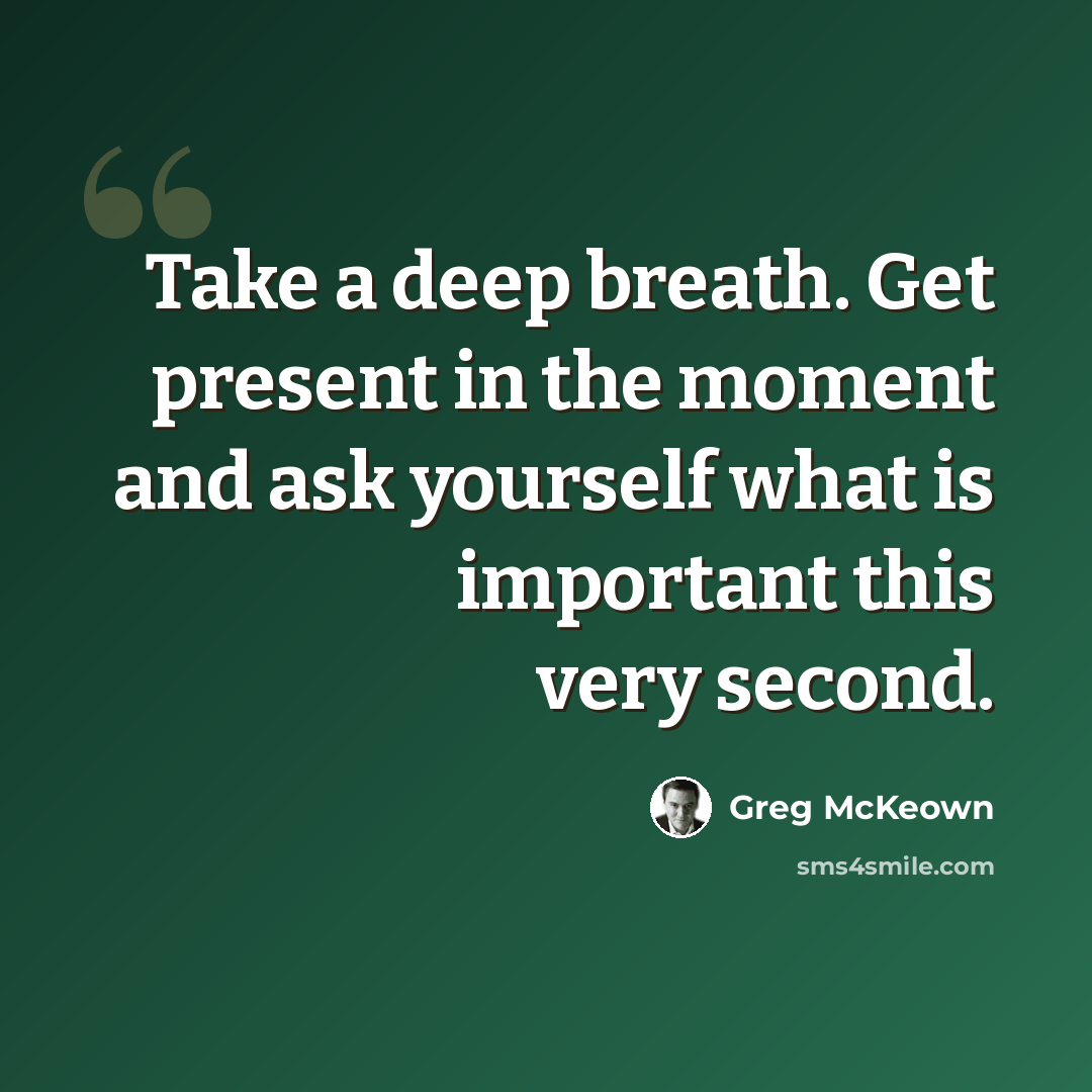 “Take a deep breath. Get present in the moment and ask yourself what is important this very second.” quote by Greg McKeown