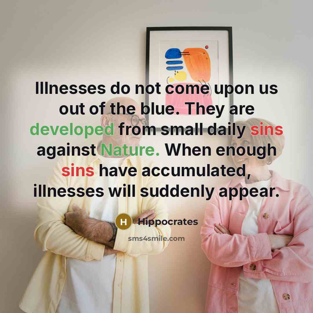 “Illnesses do not come upon us out of the blue. They are developed from small daily sins against Nature. When enough sins have accumulated, illnesses will suddenly appear.” quote by Hippocrates