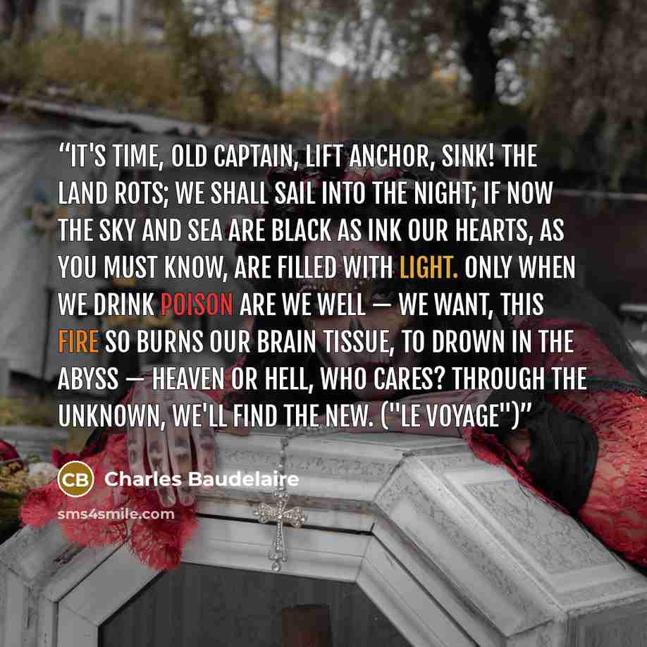 “It's time, Old Captain, lift anchor, sink! The land rots; we shall sail into the night; if now the sky and sea are black as ink our hearts, as you must know, are filled with light. Only when we drink poison are we well — we want, this fire so burns our brain tissue, to drown in the abyss — heaven…” quote by Charles Baudelaire