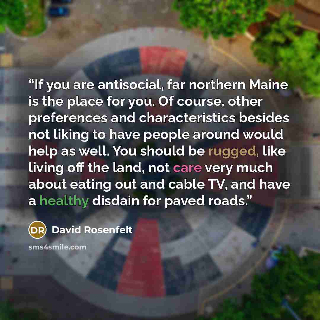 “If you are antisocial, far northern Maine is the place for you. Of course, other preferences and characteristics besides not liking to have people around would help as well. You should be rugged, like living off the land, not care very much about eating out and cable TV, and have a healthy disdain…” quote by David Rosenfelt