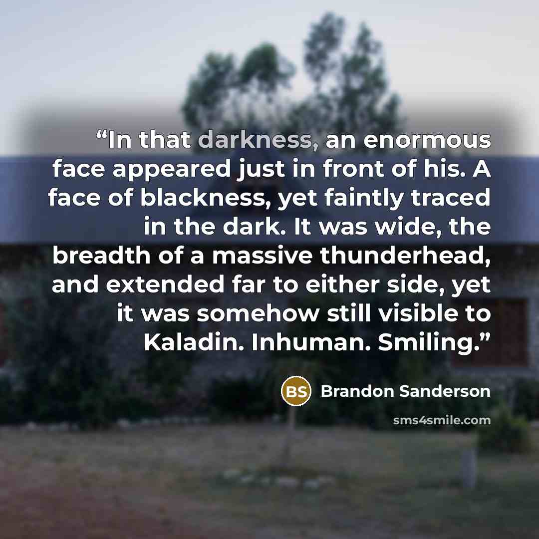 “In that darkness, an enormous face appeared just in front of his. A face of blackness, yet faintly traced in the dark. It was wide, the breadth of a massive thunderhead, and extended far to either side, yet it was somehow still visible to Kaladin. Inhuman. Smiling.” quote by Brandon Sanderson