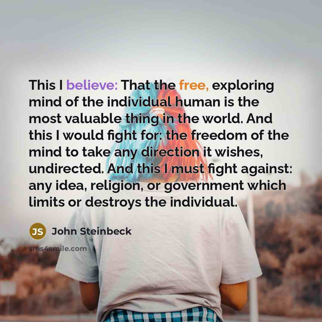 “This I believe: That the free, exploring mind of the individual human is the most valuable thing in the world. And this I would fight for: the freedom of the mind to take any direction it wishes, undirected. And this I must fight against: any idea, religion, or government which limits or destroys…” quote by John Steinbeck