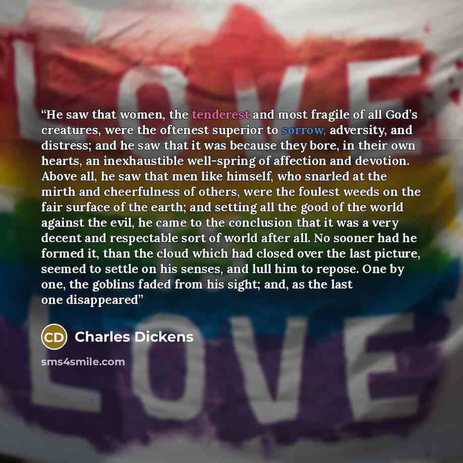 “He saw that women, the tenderest and most fragile of all God’s creatures, were the oftenest superior to sorrow, adversity, and distress; and he saw that it was because they bore, in their own hearts, an inexhaustible well-spring of affection and devotion. Above all, he saw that men like himself…” quote by Charles Dickens
