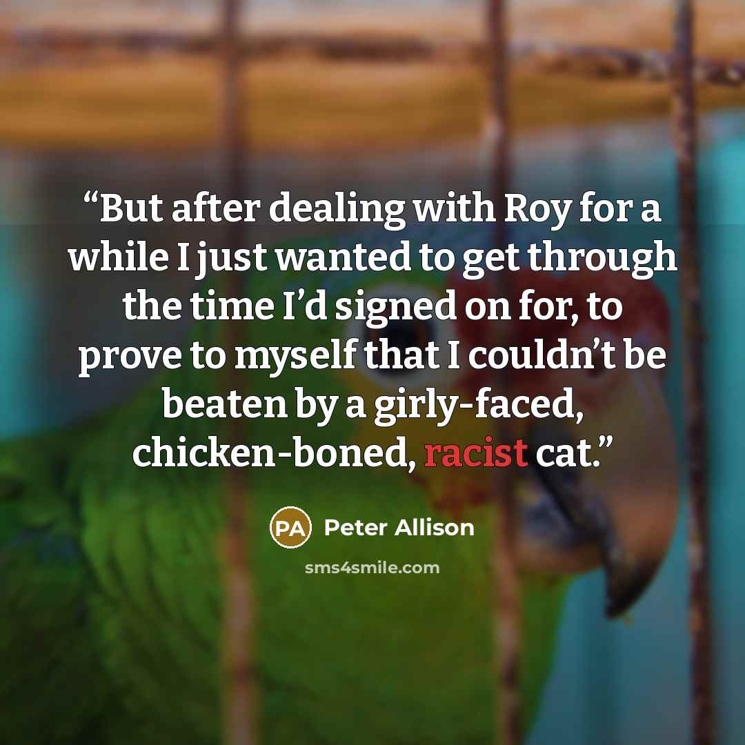 “But after dealing with Roy for a while I just wanted to get through the time I’d signed on for, to prove to myself that I couldn’t be beaten by a girly-faced, chicken-boned, racist cat.” quote by Peter Allison