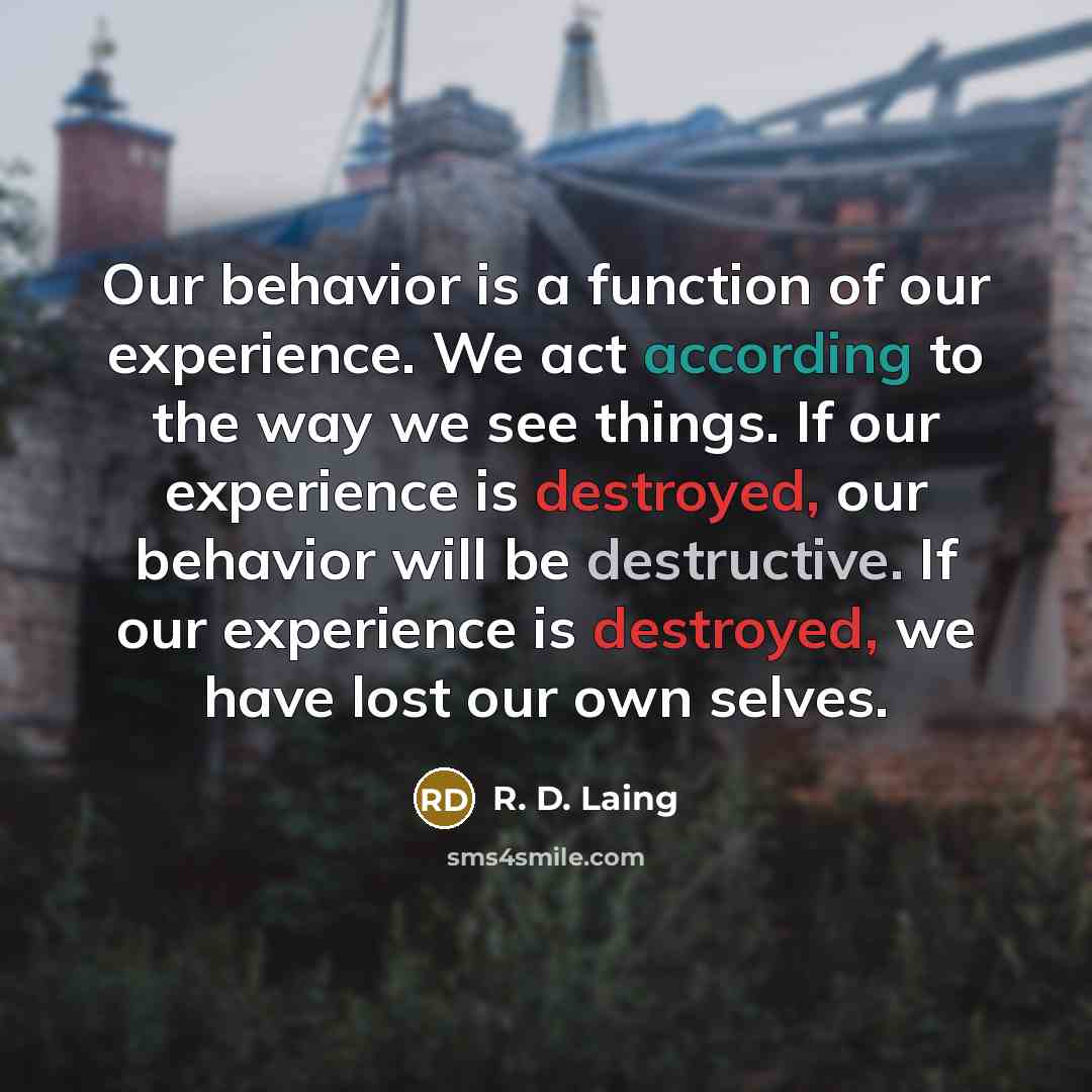 “Our behavior is a function of our experience. We act according to the way we see things. If our experience is destroyed, our behavior will be destructive. If our experience is destroyed, we have lost our own selves.” quote by R. D. Laing