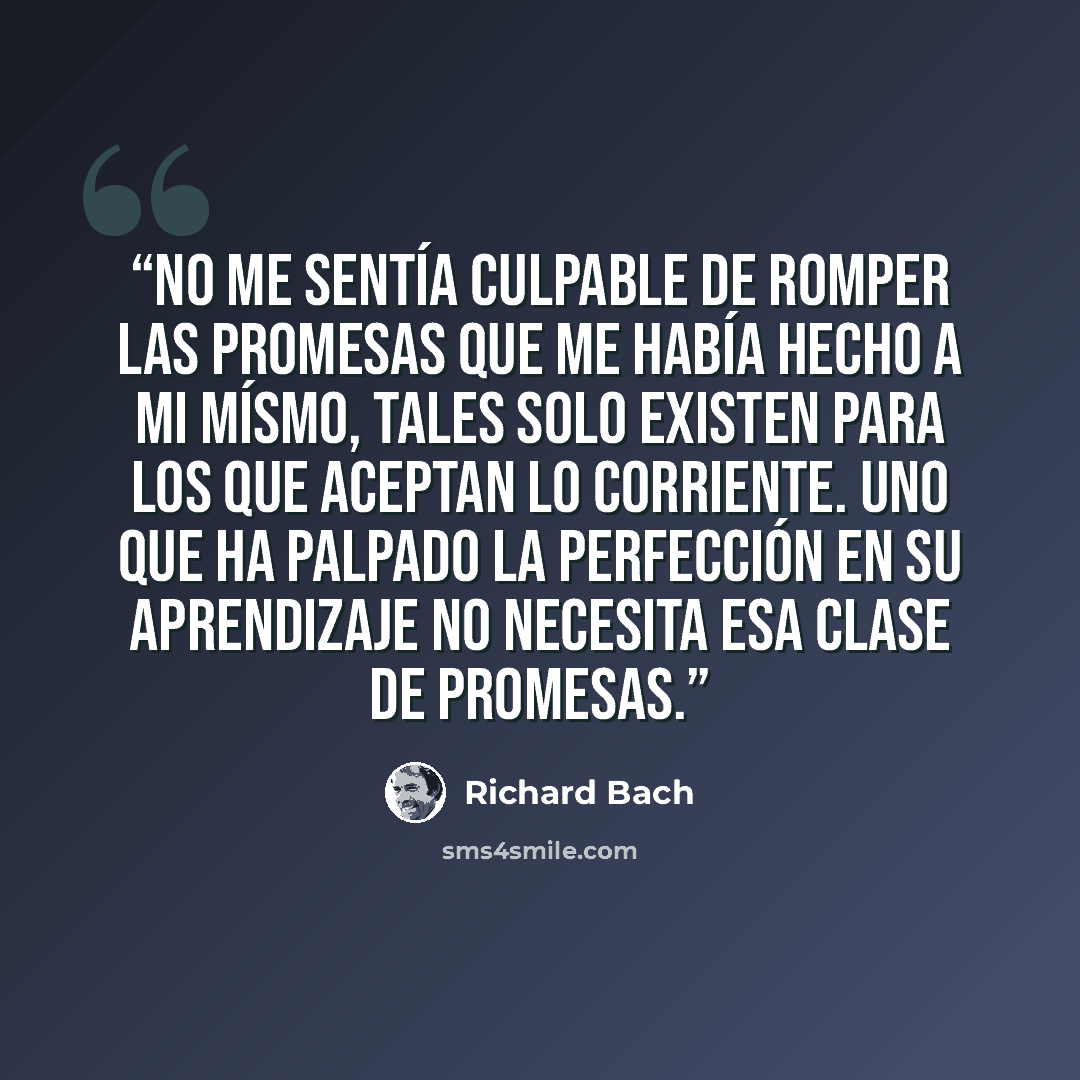 “No me sentía culpable de romper las promesas que me había hecho a mi mísmo, tales solo existen para los que aceptan lo corriente. Uno que ha palpado la perfección en su aprendizaje no necesita esa clase de promesas.” quote by Richard Bach