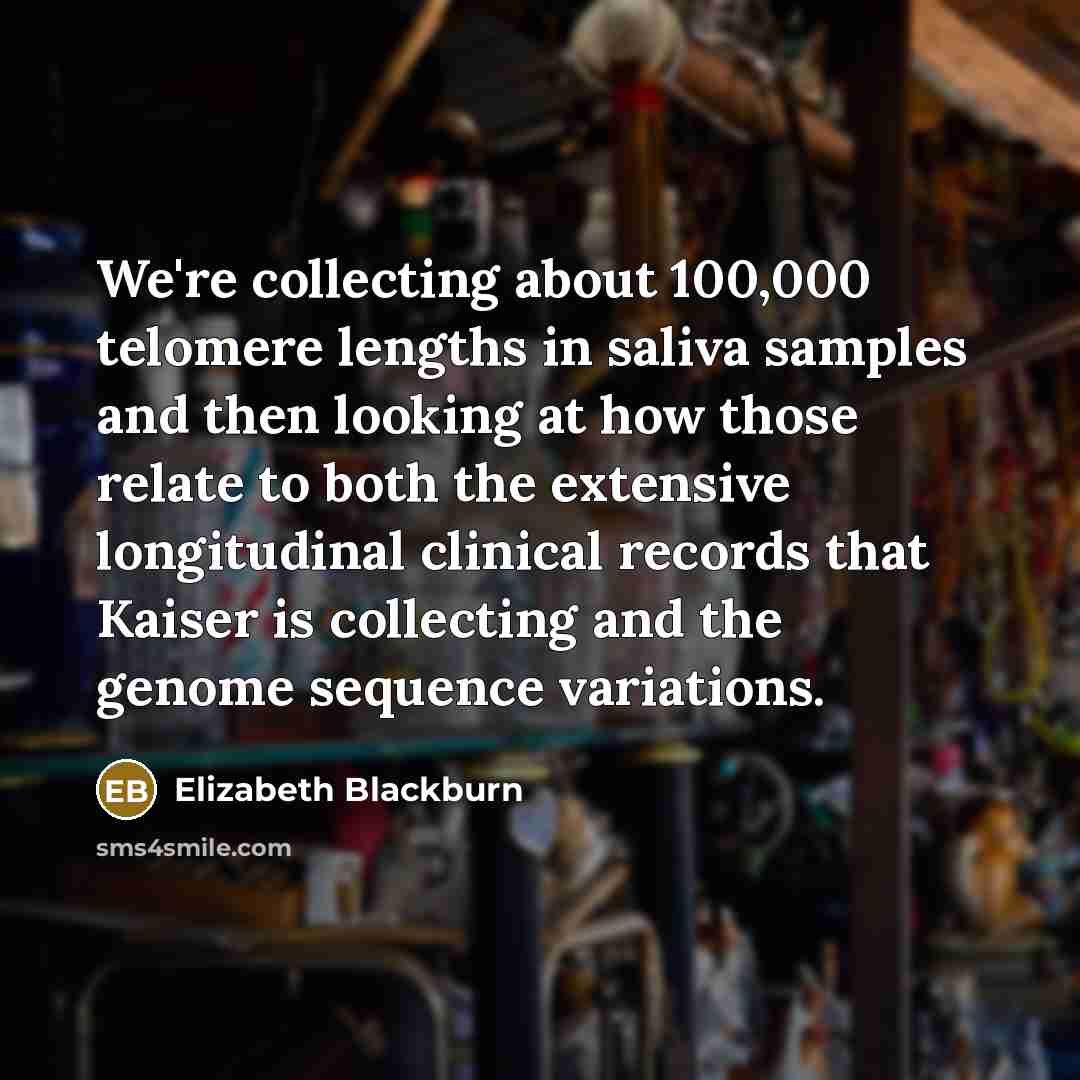 “We're collecting about 100,000 telomere lengths in saliva samples and then looking at how those relate to both the extensive longitudinal clinical records that Kaiser is collecting and the genome sequence variations.” quote by Elizabeth Blackburn