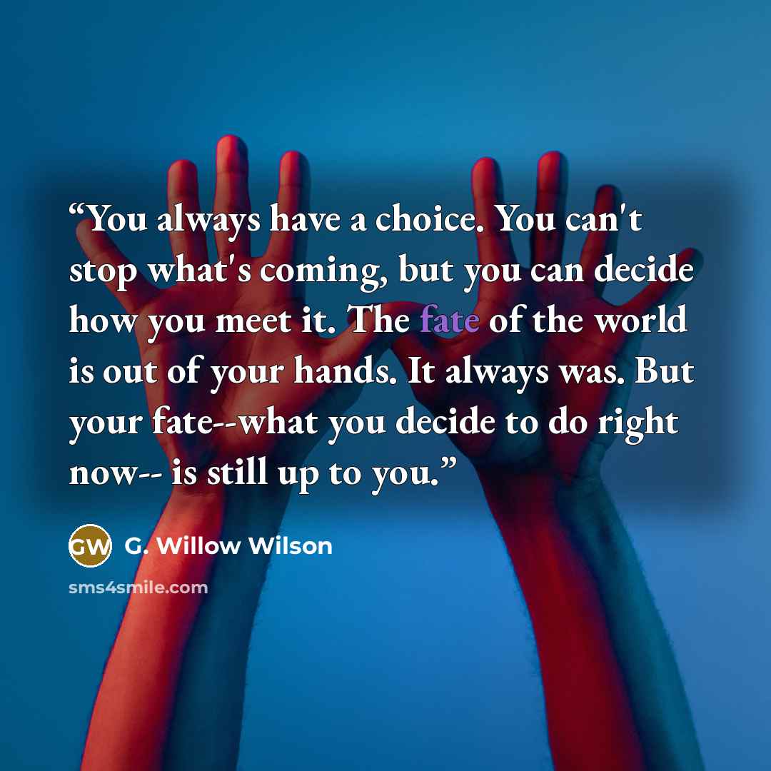 “You always have a choice. You can't stop what's coming, but you can decide how you meet it. The fate of the world is out of your hands. It always was. But your fate--what you decide to do right now-- is still up to you.” quote by G. Willow Wilson