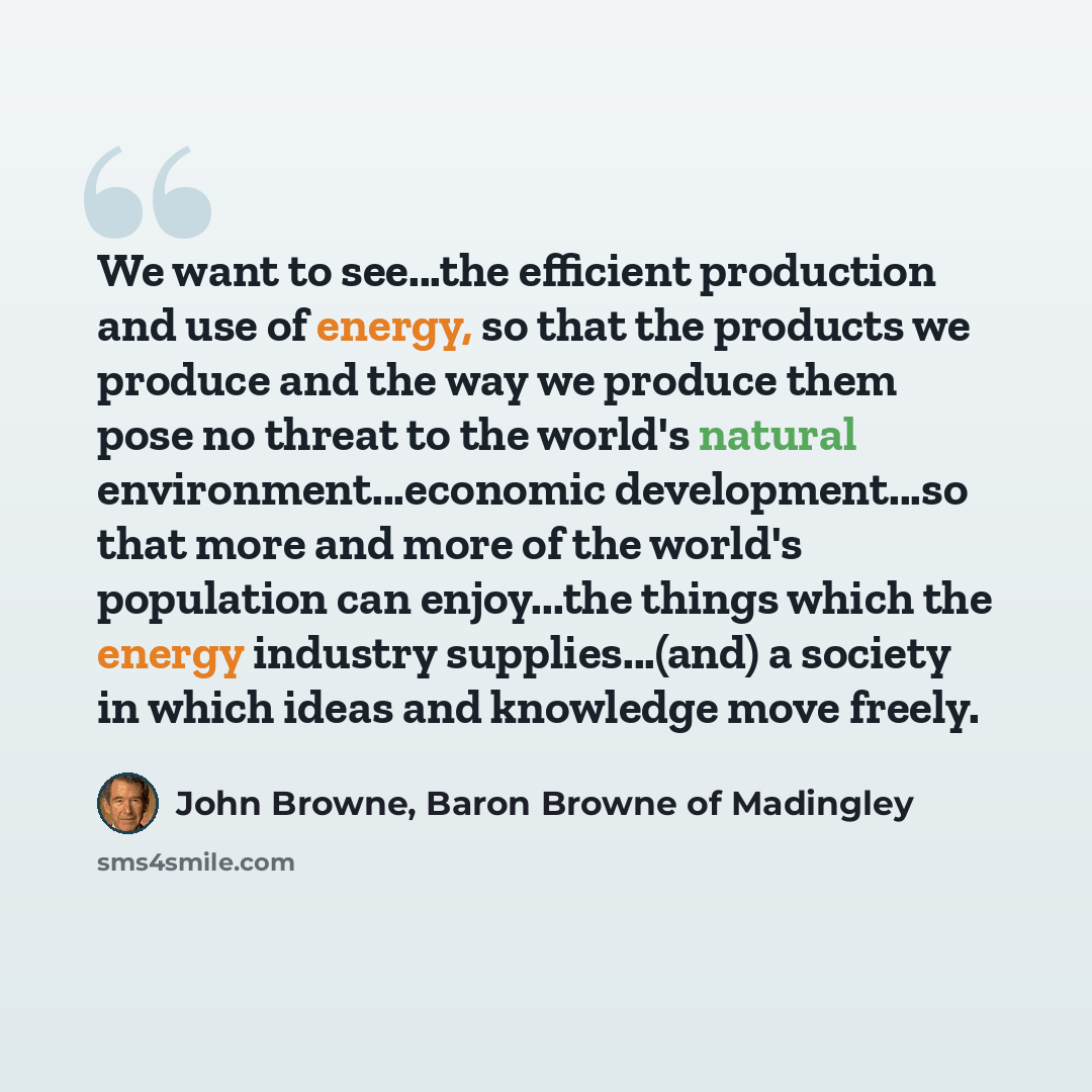 “We want to see...the efficient production and use of energy, so that the products we produce and the way we produce them pose no threat to the world's natural environment...economic development...so that more and more of the world's population can enjoy...the things which the energy industry…” quote by John Browne, Baron Browne of Madingley