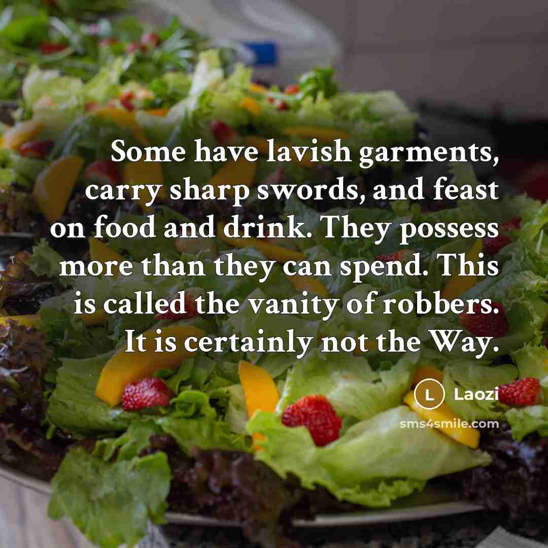 “Some have lavish garments, carry sharp swords, and feast on food and drink. They possess more than they can spend. This is called the vanity of robbers. It is certainly not the Way.” quote by Laozi