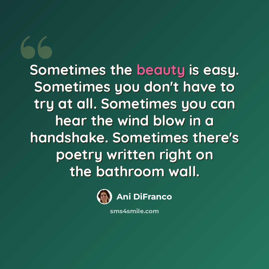 “Sometimes the beauty is easy. Sometimes you don't have to try at all. Sometimes you can hear the wind blow in a handshake. Sometimes there's poetry written right on the bathroom wall.” quote by Ani DiFranco