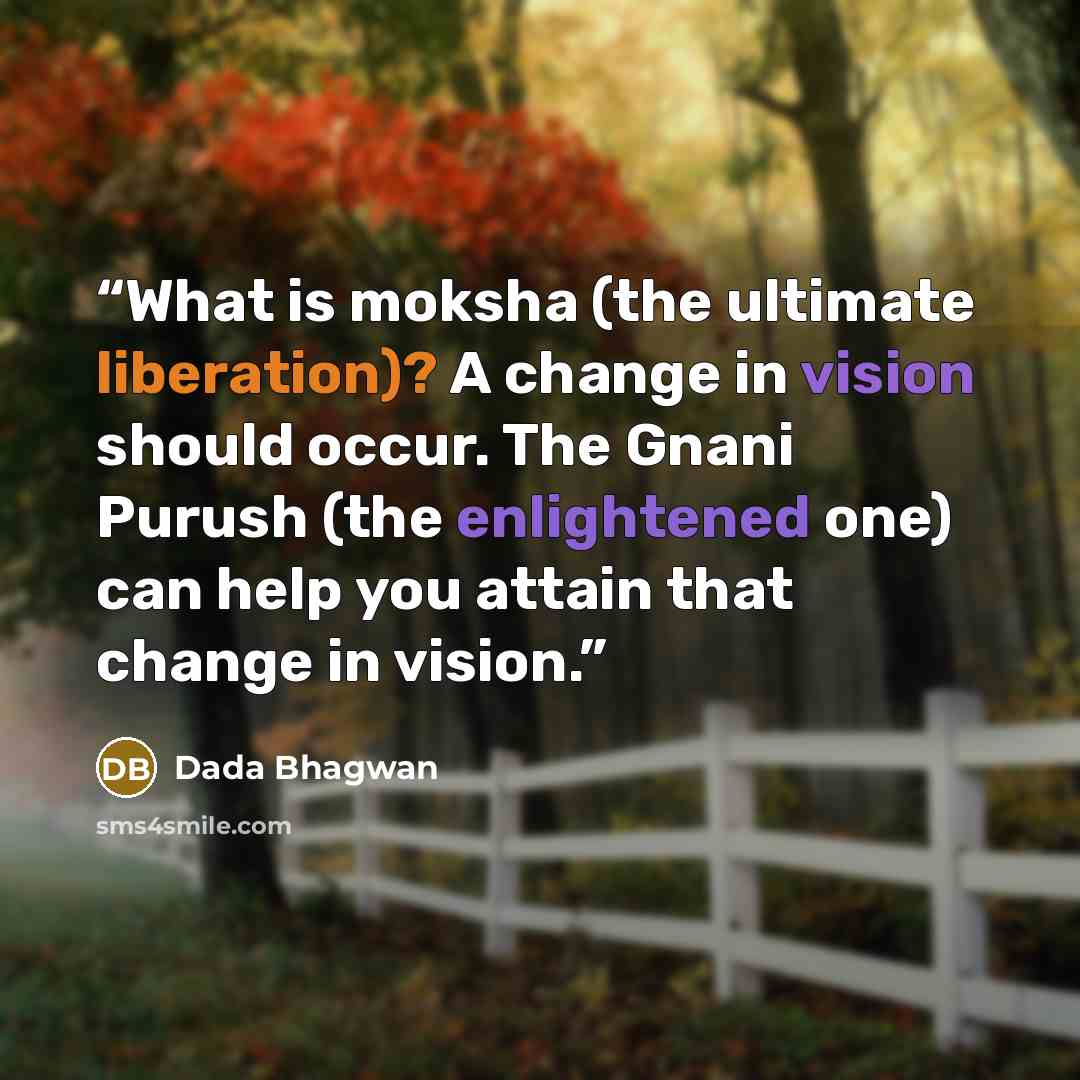 “What is moksha (the ultimate liberation)? A change in vision should occur. The Gnani Purush (the enlightened one) can help you attain that change in vision.” quote by Dada Bhagwan