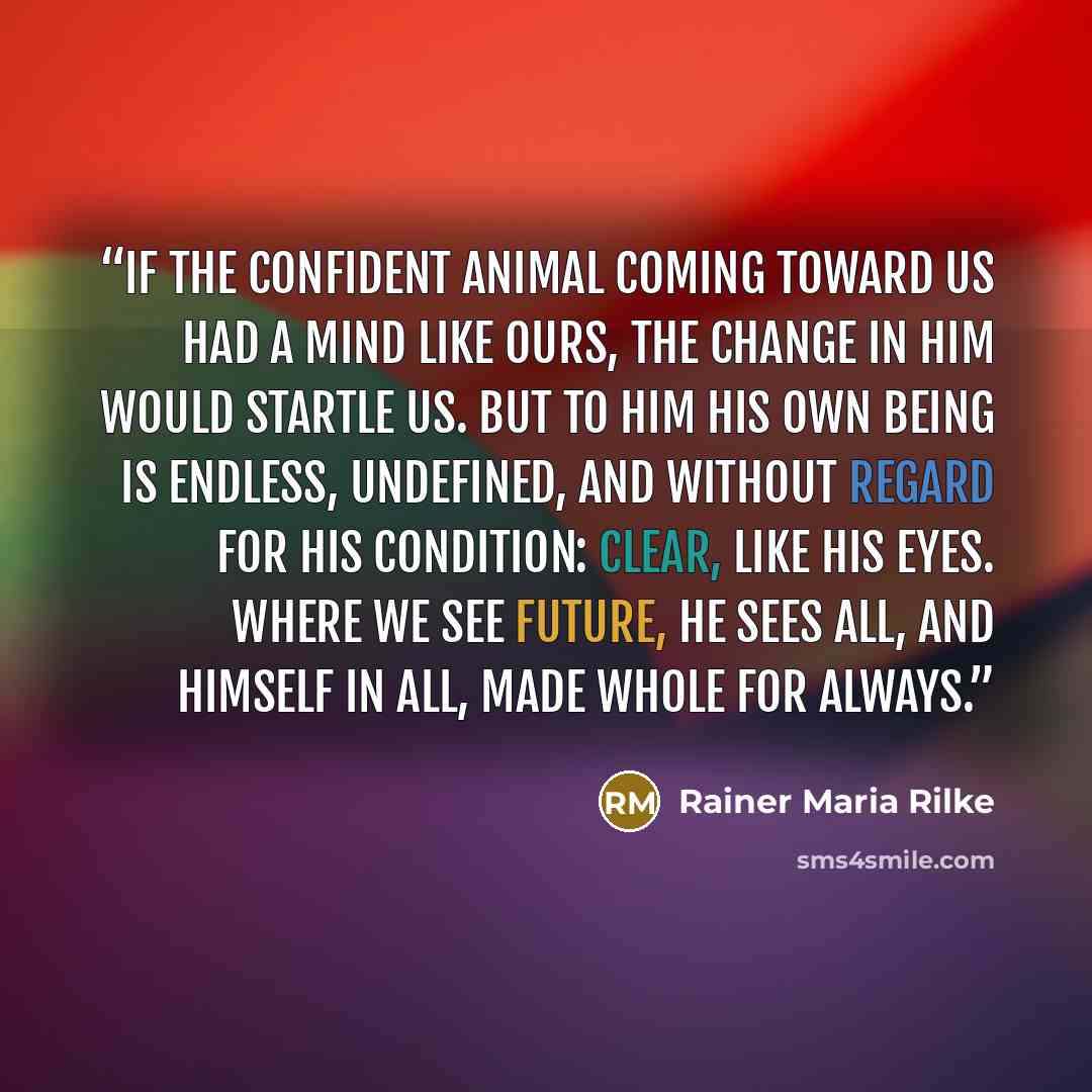 “If the confident animal coming toward us had a mind like ours, the change in him would startle us. But to him his own being is endless, undefined, and without regard for his condition: clear, like his eyes. Where we see future, he sees all, and himself in all, made whole for always.” quote by Rainer Maria Rilke