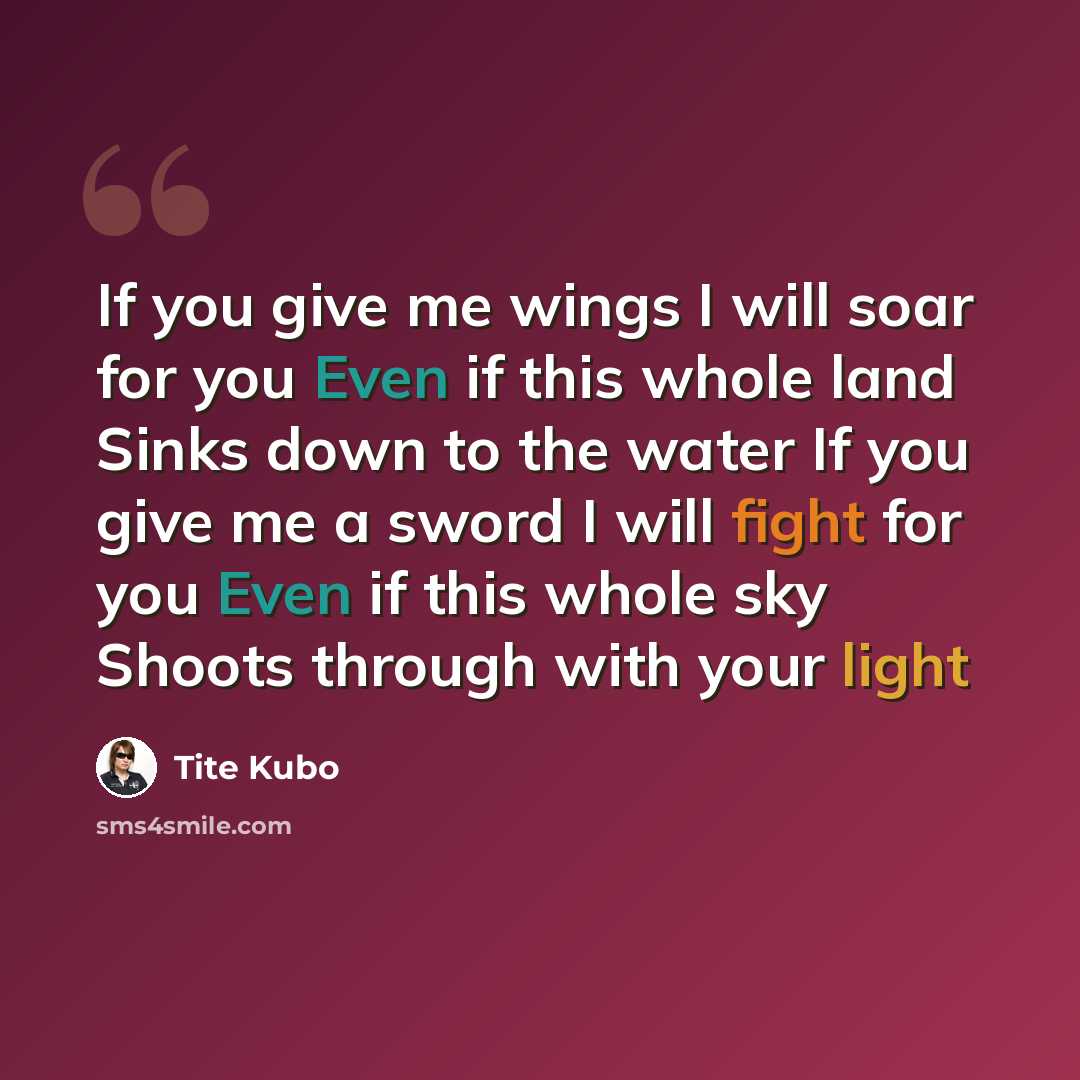 “If you give me wings I will soar for you Even if this whole land Sinks down to the water If you give me a sword I will fight for you Even if this whole sky Shoots through with your light” quote by Tite Kubo