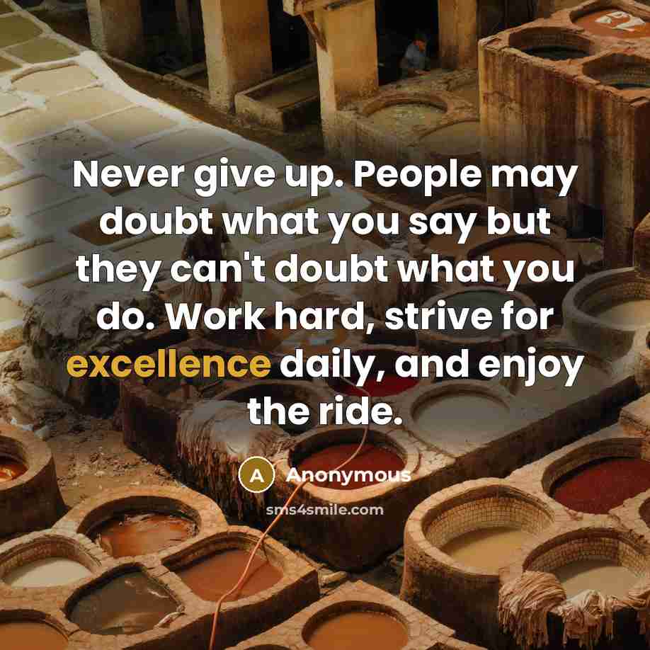 “Never give up. People may doubt what you say but they can't doubt what you do. Work hard, strive for excellence daily, and enjoy the ride.” quote by Anonymous