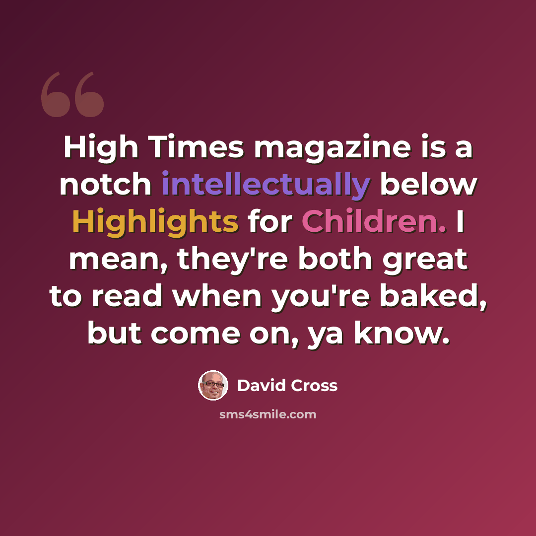 “High Times magazine is a notch intellectually below Highlights for Children. I mean, they're both great to read when you're baked, but come on, ya know.” quote by David Cross