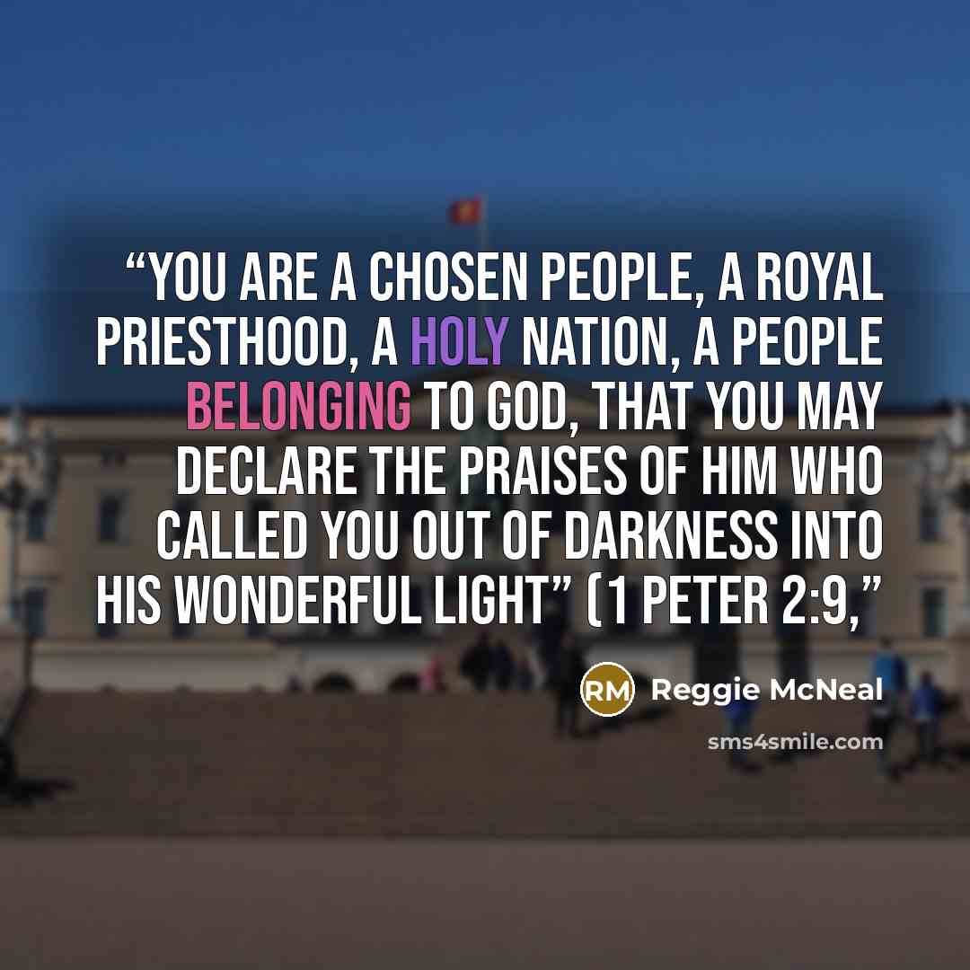 “You are a chosen people, a royal priesthood, a holy nation, a people belonging to God, that you may declare the praises of him who called you out of darkness into his wonderful light” (1 Peter 2:9,” quote by Reggie McNeal