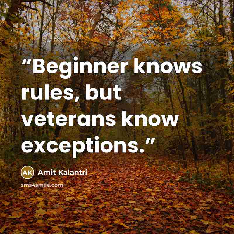 “Beginner knows rules, but veterans know exceptions.” quote by Amit Kalantri