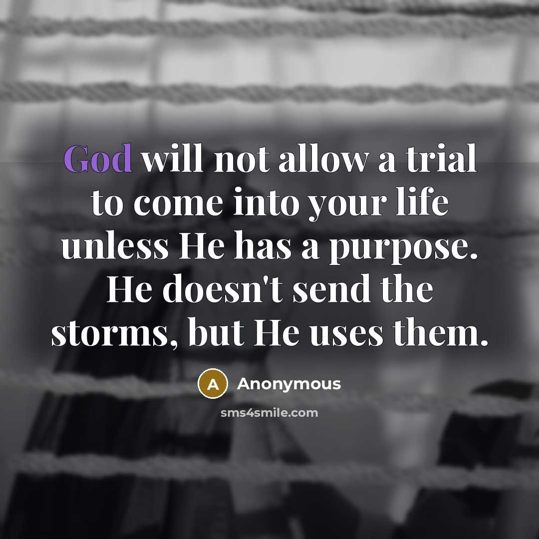 “God will not allow a trial to come into your life unless He has a purpose. He doesn't send the storms, but He uses them.” quote by Anonymous