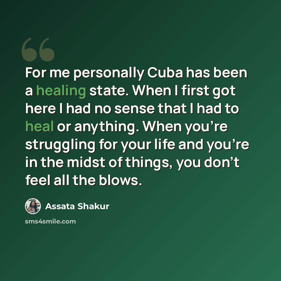 “For me personally Cuba has been a healing state. When I first got here I had no sense that I had to heal or anything. When you're struggling for your life and you're in the midst of things, you don't feel all the blows.” quote by Assata Shakur