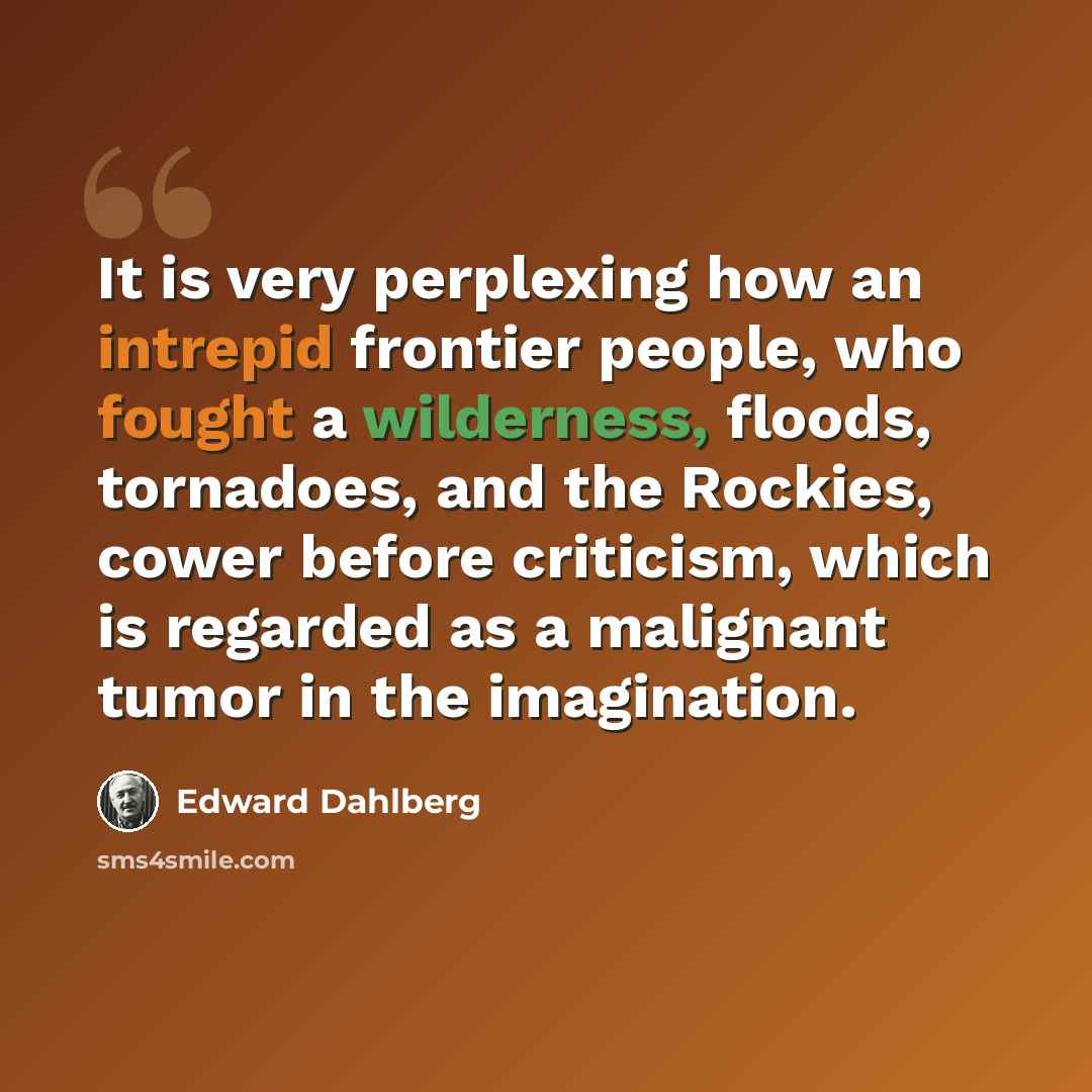“It is very perplexing how an intrepid frontier people, who fought a wilderness, floods, tornadoes, and the Rockies, cower before criticism, which is regarded as a malignant tumor in the imagination.” quote by Edward Dahlberg