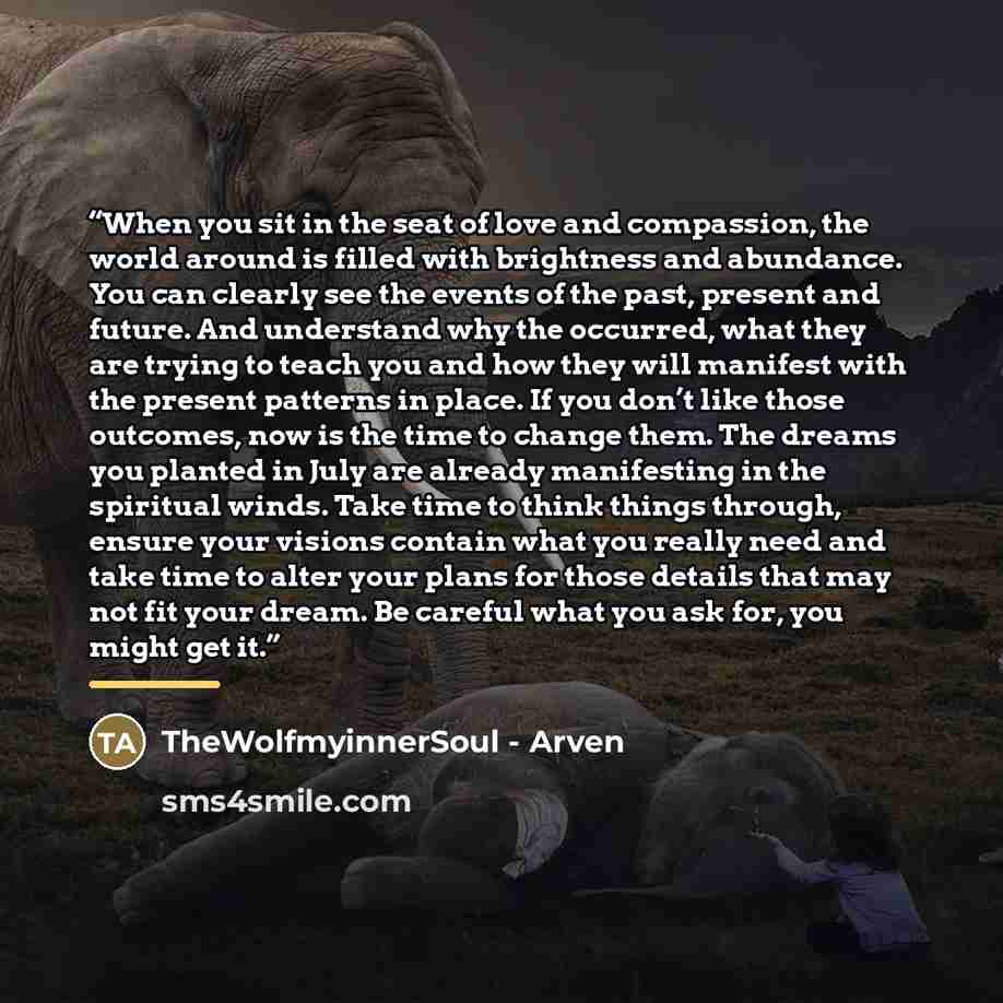 “When you sit in the seat of love and compassion, the world around is filled with brightness and abundance. You can clearly see the events of the past, present and future. And understand why the occurred, what they are trying to teach you and how they will manifest with the present patterns in…” quote by TheWolfmyinnerSoul - Arven