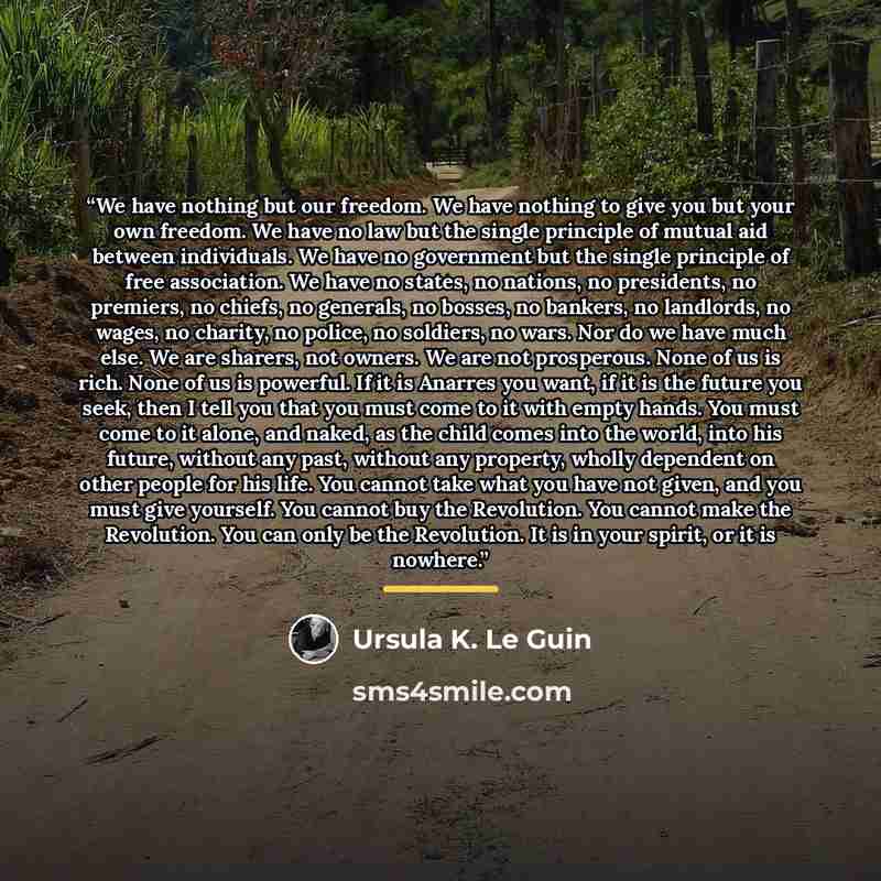 “We have nothing but our freedom. We have nothing to give you but your own freedom. We have no law but the single principle of mutual aid between individuals. We have no government but the single principle of free association. We have no states, no nations, no presidents, no premiers, no chiefs, no…” quote by Ursula K. Le Guin