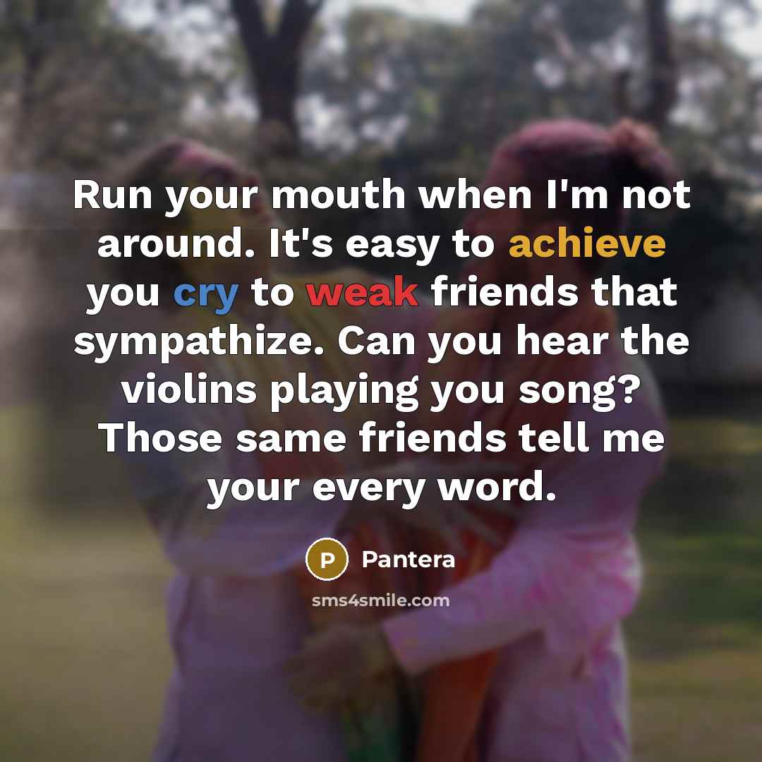 “Run your mouth when I'm not around. It's easy to achieve you cry to weak friends that sympathize. Can you hear the violins playing you song? Those same friends tell me your every word.” quote by Pantera