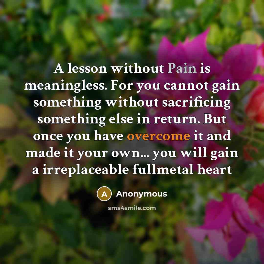 “A lesson without Pain is meaningless. For you cannot gain something without sacrificing something else in return. But once you have overcome it and made it your own... you will gain a irreplaceable fullmetal heart” quote by Anonymous