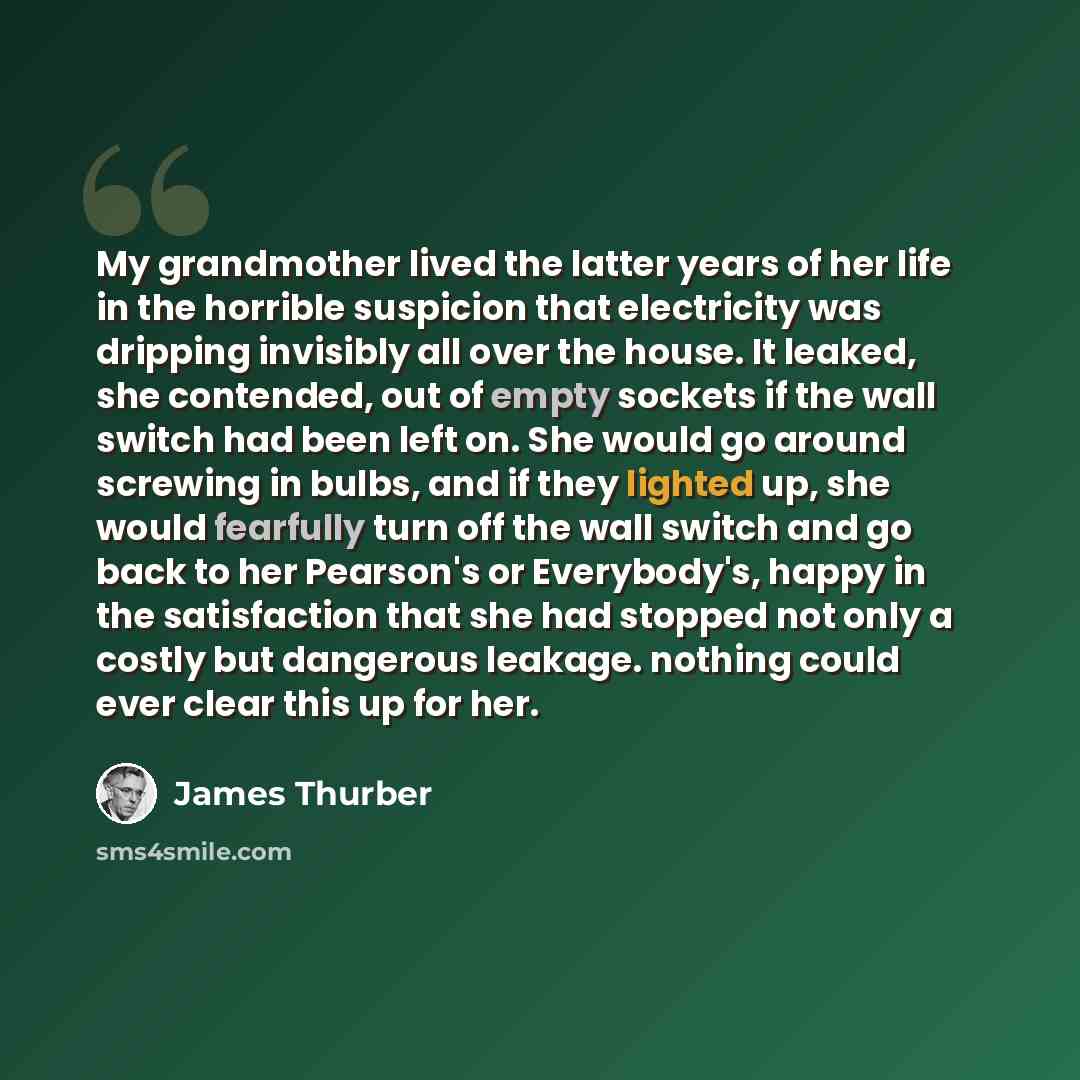 “My grandmother lived the latter years of her life in the horrible suspicion that electricity was dripping invisibly all over the house. It leaked, she contended, out of empty sockets if the wall switch had been left on. She would go around screwing in bulbs, and if they lighted up, she would…” quote by James Thurber