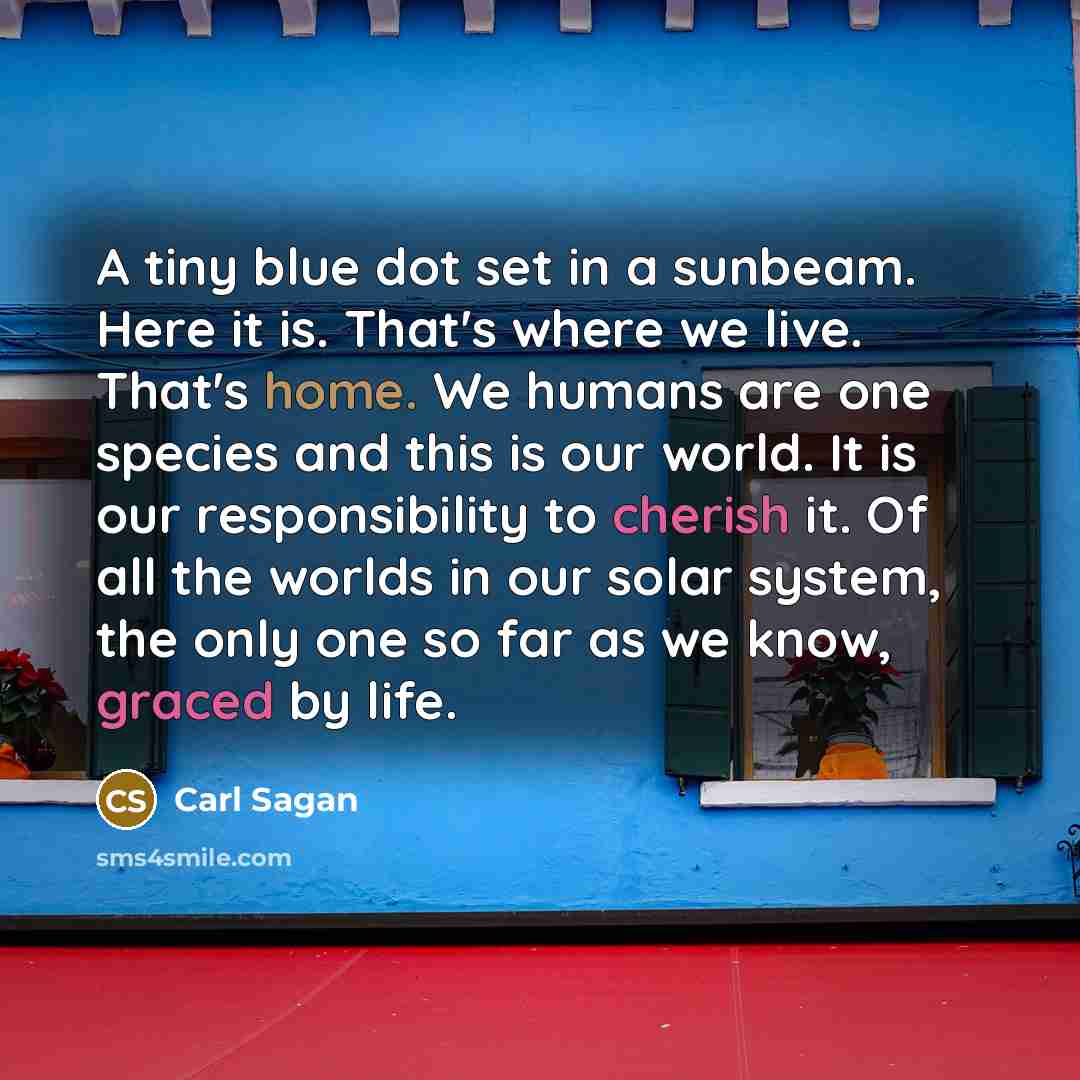 “A tiny blue dot set in a sunbeam. Here it is. That's where we live. That's home. We humans are one species and this is our world. It is our responsibility to cherish it. Of all the worlds in our solar system, the only one so far as we know, graced by life.” quote by Carl Sagan