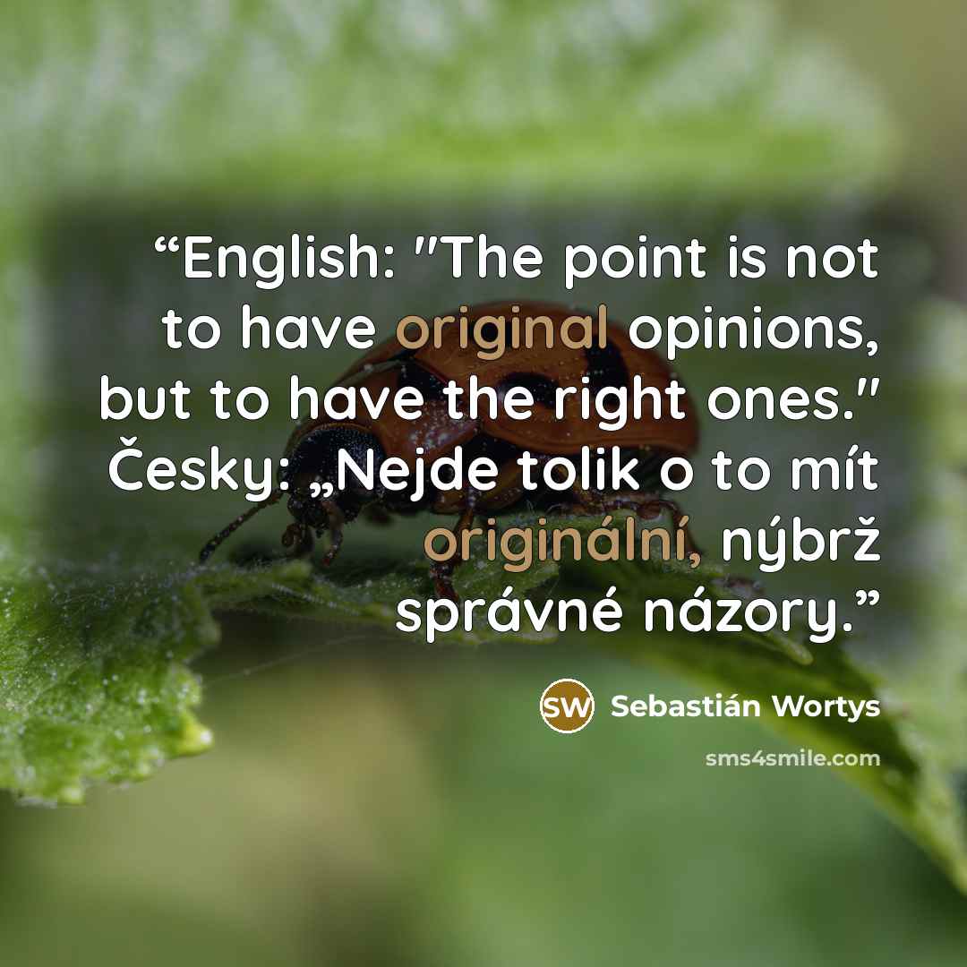 “English: "The point is not to have original opinions, but to have the right ones." Česky: „Nejde tolik o to mít originální, nýbrž správné názory.” quote by Sebastián Wortys
