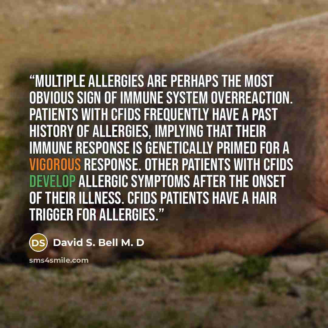 “Multiple allergies are perhaps the most obvious sign of immune system overreaction. Patients with CFIDS frequently have a past history of allergies, implying that their immune response is genetically primed for a vigorous response. Other patients with CFIDS develop allergic symptoms after the…” quote by David S. Bell M. D