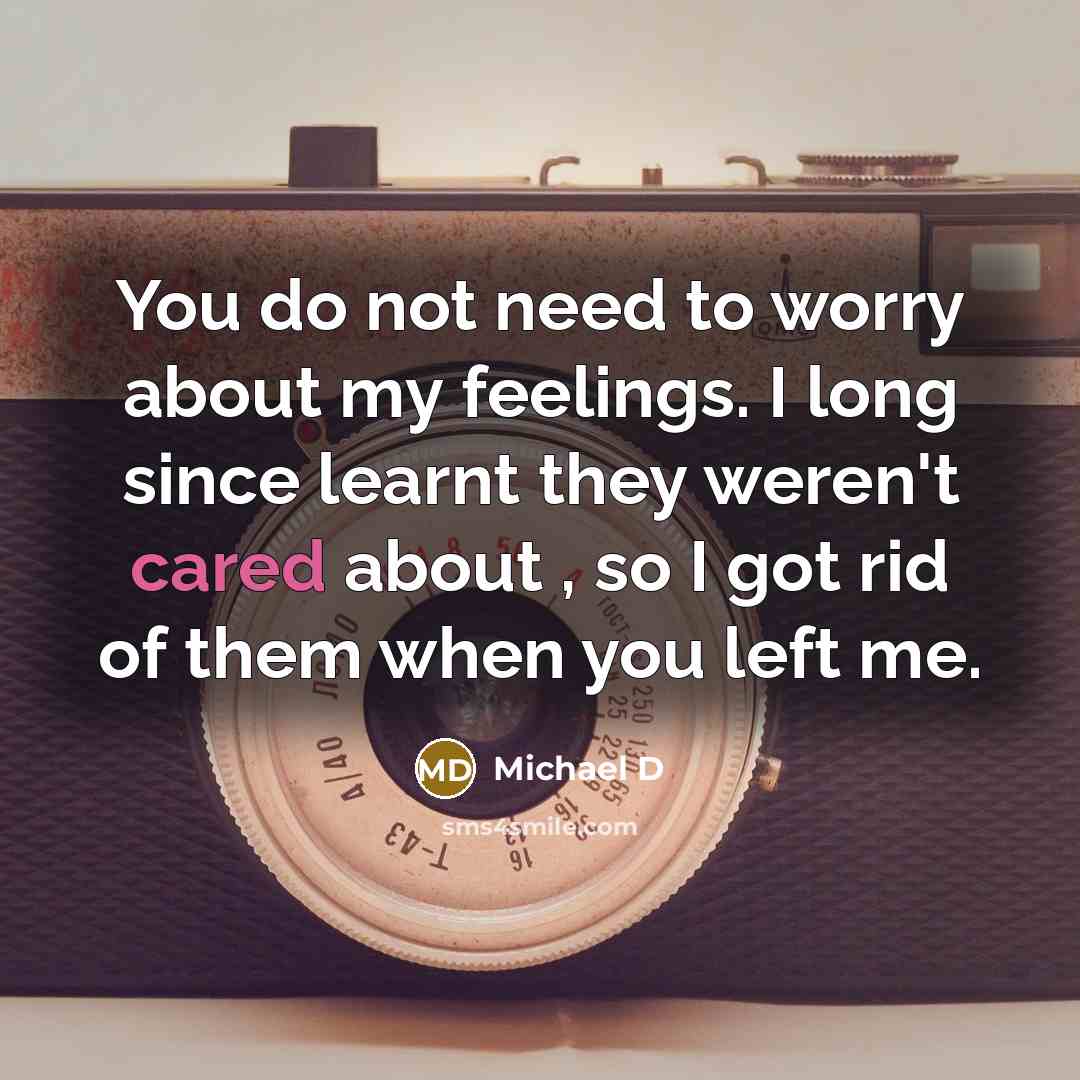 “You do not need to worry about my feelings. I long since learnt they weren't cared about , so I got rid of them when you left me.” quote by Michael D