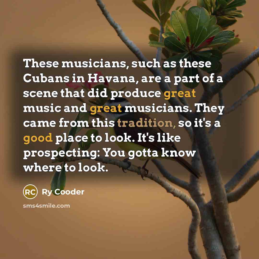 “These musicians, such as these Cubans in Havana, are a part of a scene that did produce great music and great musicians. They came from this tradition, so it's a good place to look. It's like prospecting: You gotta know where to look.” quote by Ry Cooder