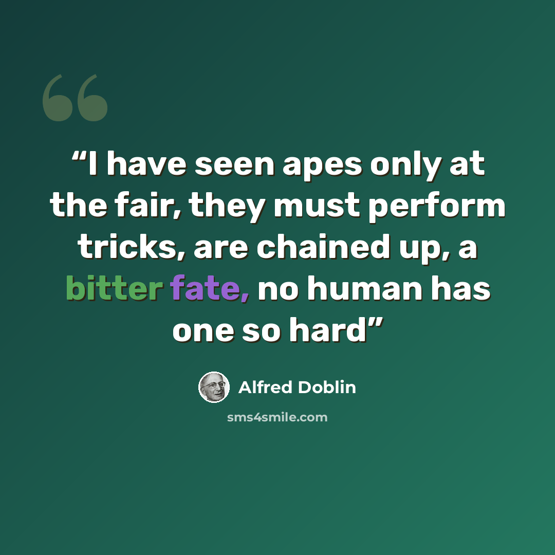 “I have seen apes only at the fair, they must perform tricks, are chained up, a bitter fate, no human has one so hard” quote by Alfred Döblin