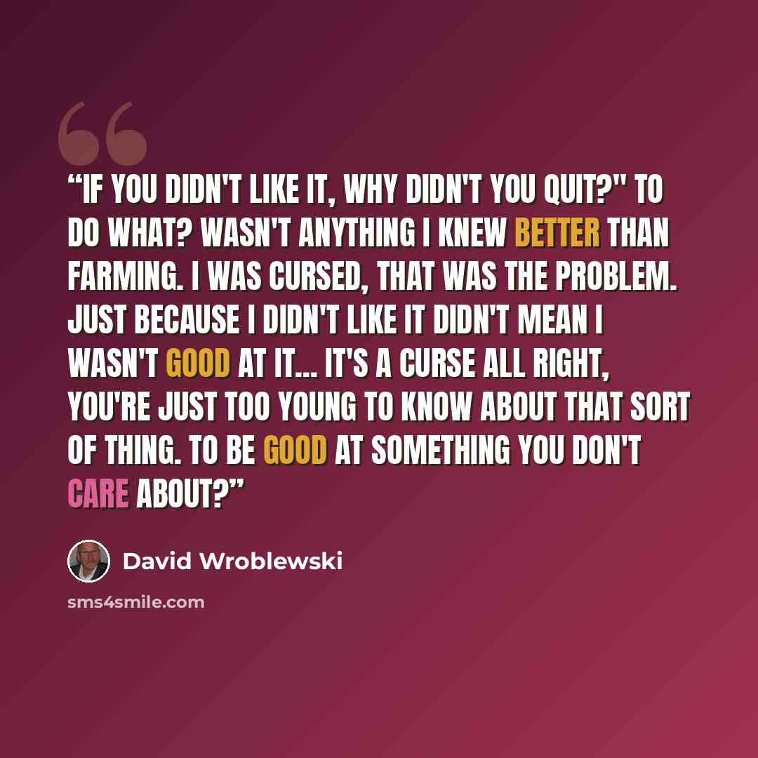 “If you didn't like it, why didn't you quit?" To do what? Wasn't anything I knew better than farming. I was cursed, that was the problem. Just because I didn't like it didn't mean I wasn't good at it... It's a curse all right, you're just too young to know about that sort of thing. To be good at…” quote by David Wroblewski