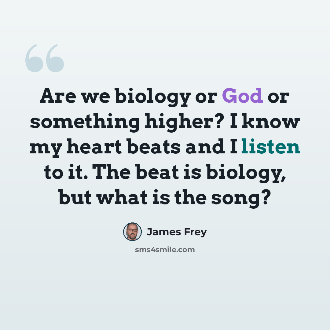 “Are we biology or God or something higher? I know my heart beats and I listen to it. The beat is biology, but what is the song?” quote by James Frey